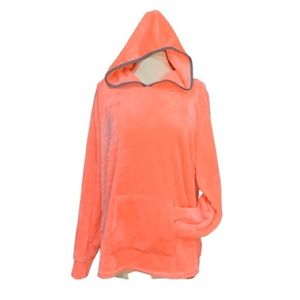 Neon orange fleece sweater with hood and pocket